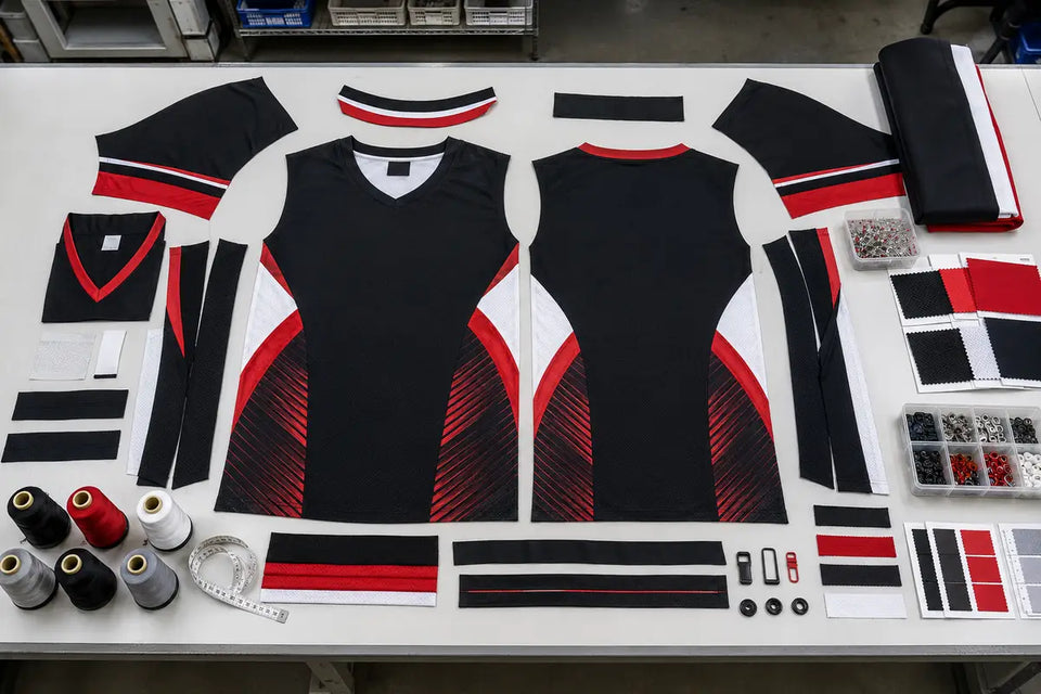 Custom jersey panels, fabric swatches, thread, and trims arranged before assembly